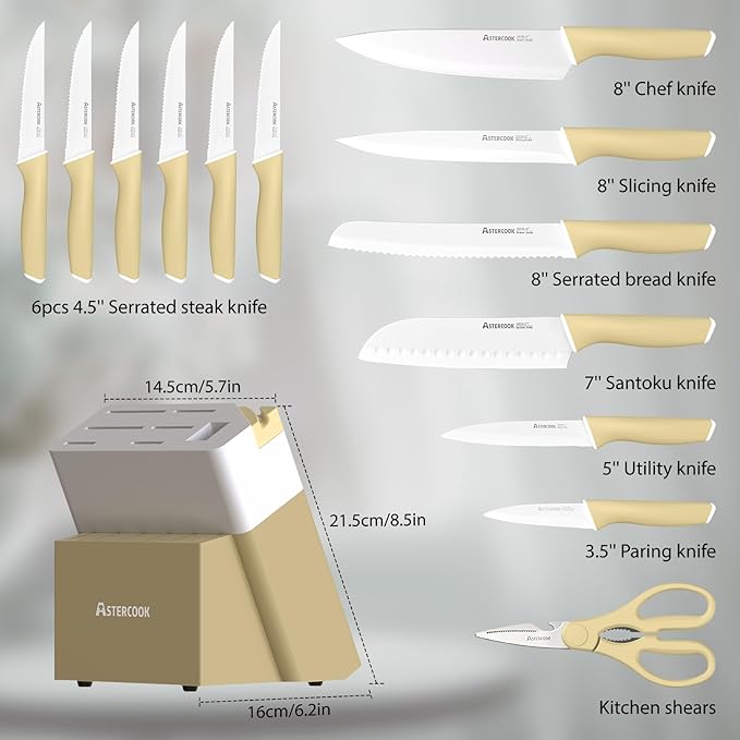 Astercook Kitchen Knife Set with Block and Sharpener 15 Piece Knives Set with Ceramic Coating German High Carbon Stainless Steel Knives Sharp Blade Dishwasher Safe Deba Knives with Ergonomic Handle