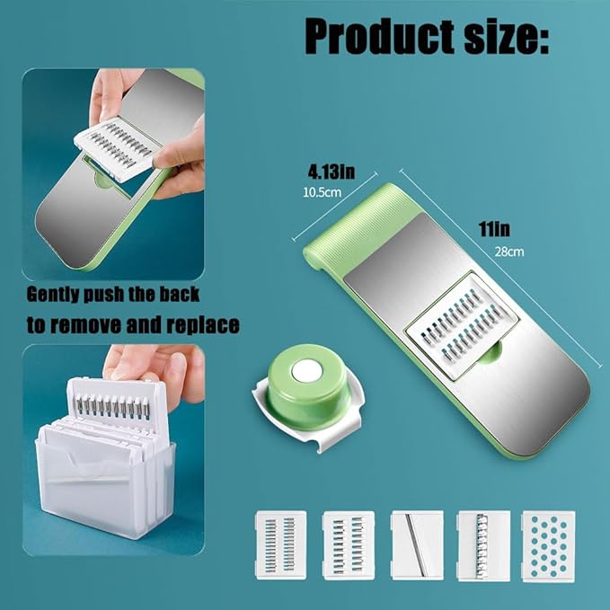 Multifunctional Vegetable Cutter, 6-in-1 Chopper Vegetable Cutter, Stainless Steel Multifunctional Vegetable Cutters & Slicer with 5 Detachable Blades, Mandoline Slicer for Kitchen (5 styles green)