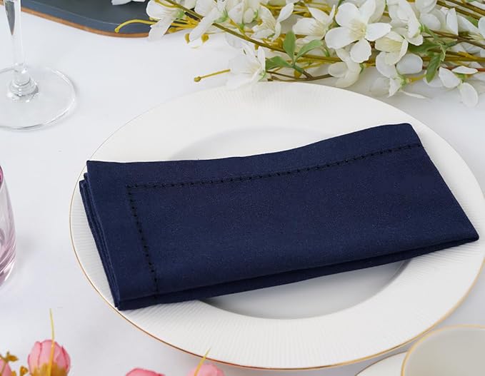 Blue Needles Set of 6 Hemstitch Linen Napkins 100% Cotton Navy Blue Cloth Dinner Napkins 18x18 inches, Soft, Reusable, Absorbent, Washable, Ideal for Wedding Events, Parties & Everyday Use