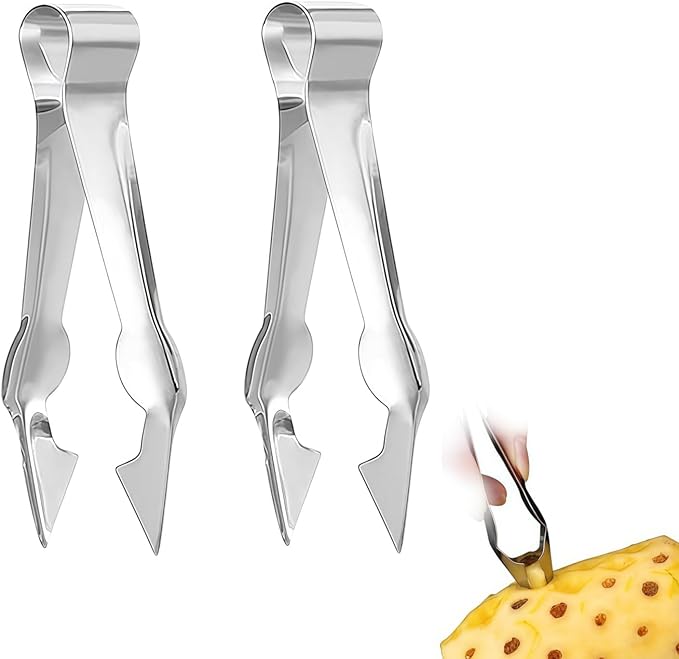 2Pcs Multi-Functional Fruit & Vegetable Stem Remover Clip, Strawberry Huller, Pineapple Eye Remover, Kitchen Gadget, Silver Stainless Steel Handle