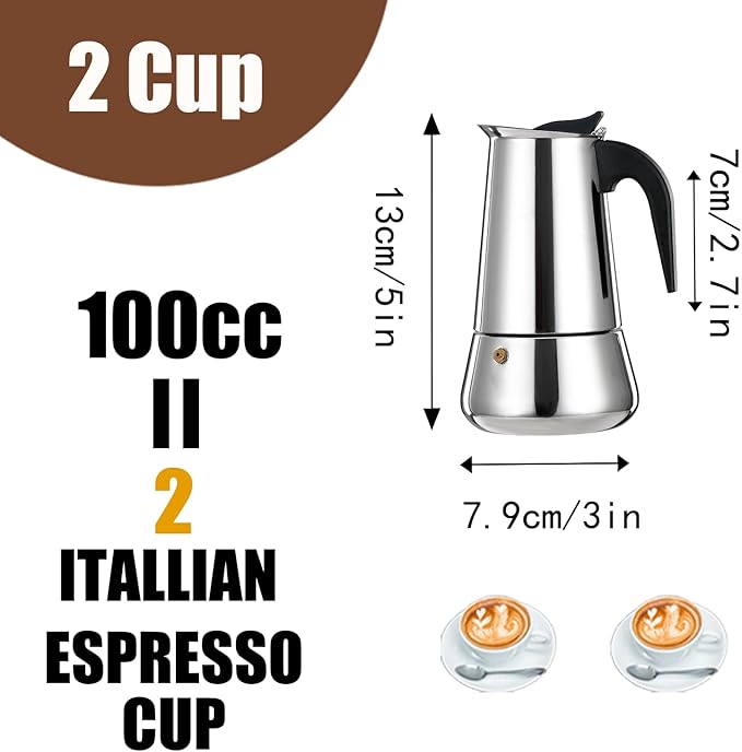 DITOSH 2 Cup Stovetop Espresso Maker Stainless Steel Moka Pot Stove Top Percolator Italian Coffee Makers Capable Mocha Greca Machine Cafe Classic Induction Cookers for Home and Camping 100ml 3.3oz