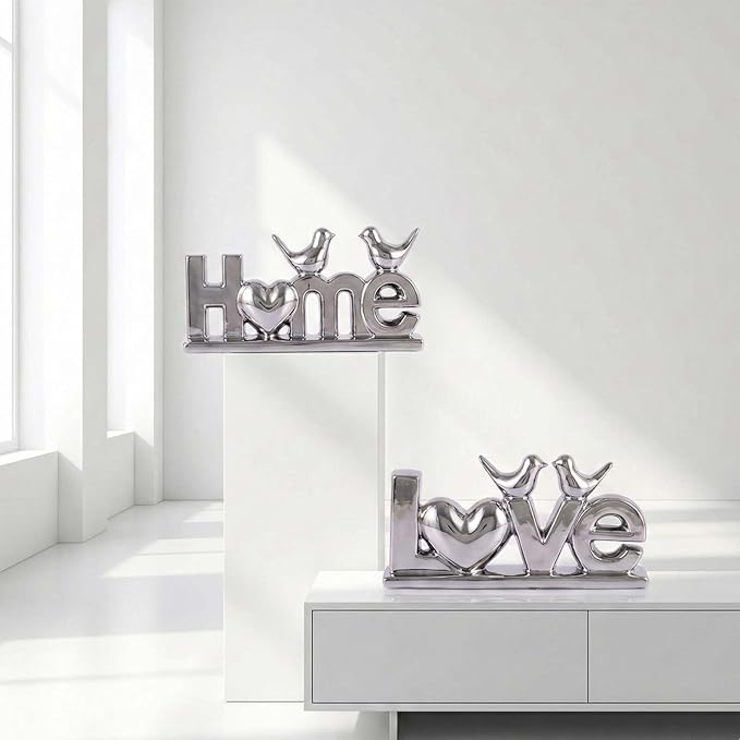 Love Sign Decor,Gold Room Decor Aesthetic, Knick Knack Shelf,Bird Decor, Boho Bookshelf,Abstract Statue,for Living Room,Bedroom, Contemporary Tv Stand Set of 2 (2, Silver Plated)