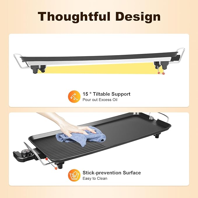 27" Electric Griddle - Extra Large Teppanyaki Grill with Adjustable Temperature, Nonstick Smokeless Surface for Indoor/Outdoor Cooking (Even Heating, Insulated Handles)