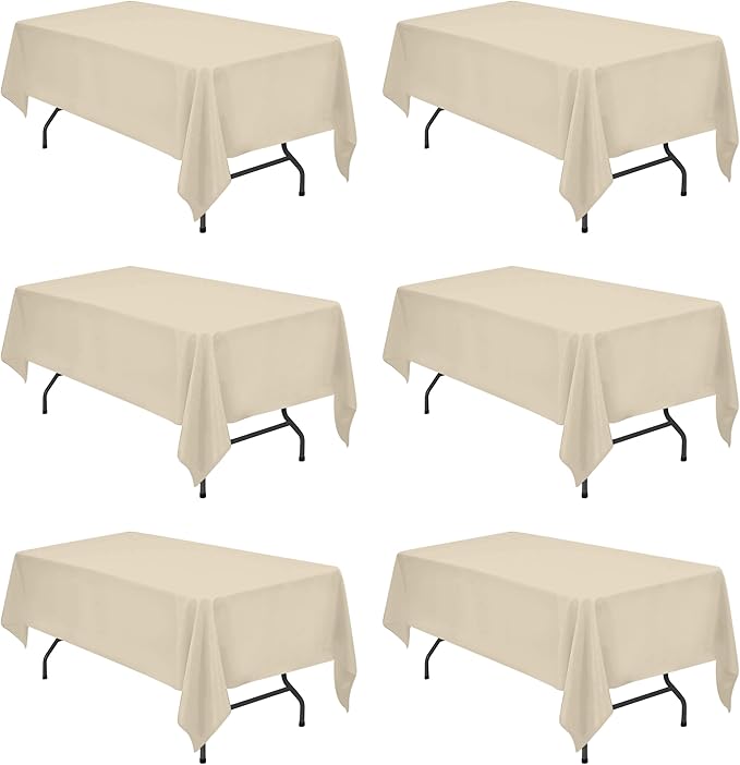 BRILLMAX 6 Pack Beige Tablecloths 60 x 102 Inch for 6ft Rectangle Tables - 150 GSM Polyester Fabric, 15" Standard Drop, Water, Stain & Wrinkle Resistant Cloth Cover for Wedding Banquet Dining Buffet