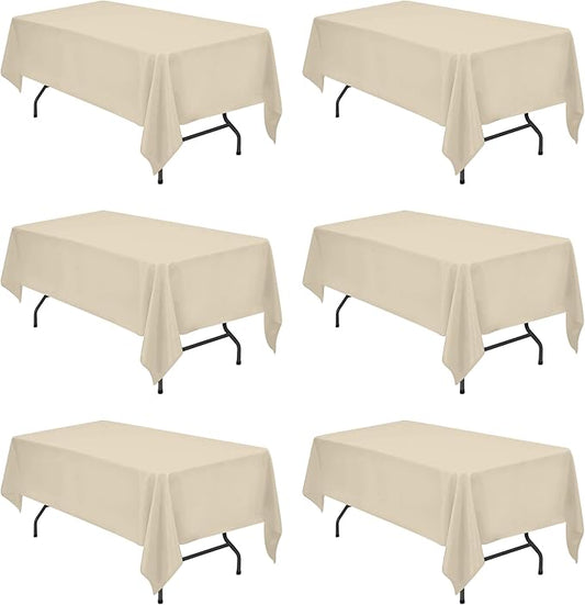 BRILLMAX 6 Pack Beige Tablecloths 60 x 102 Inch for 6ft Rectangle Tables - 150 GSM Polyester Fabric, 15" Standard Drop, Water, Stain & Wrinkle Resistant Cloth Cover for Wedding Banquet Dining Buffet