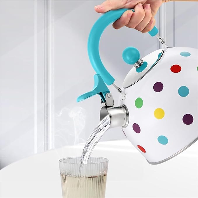 Whistling Polka Dot Tea Kettle, Food Grade Stainless Steel Teapot for Stove Top Loud Whistle Kettle for Tea, Coffee, Milk