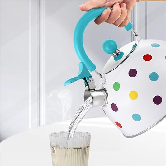 Whistling Polka Dot Tea Kettle, Food Grade Stainless Steel Teapot for Stove Top Loud Whistle Kettle for Tea, Coffee, Milk