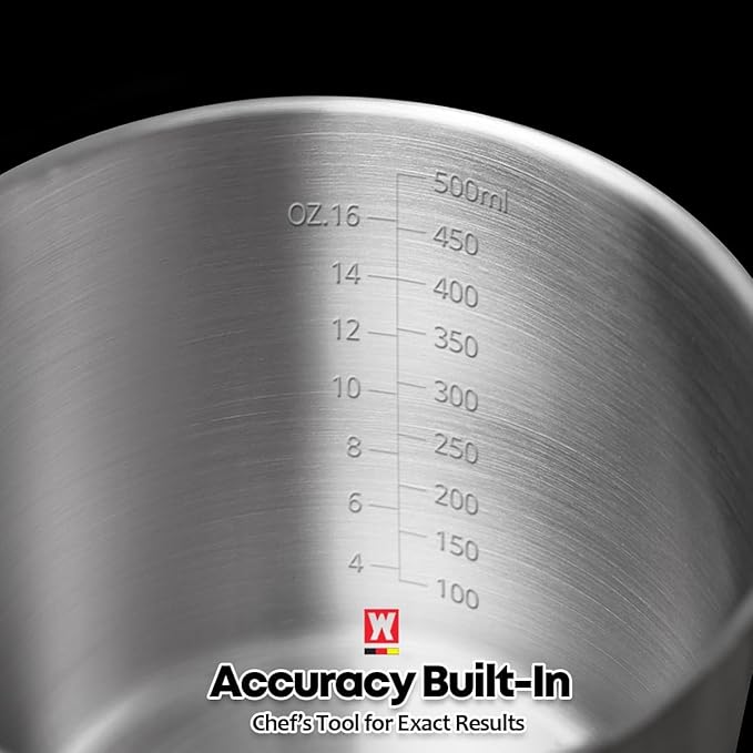 18/8 Stainless Steel Measuring Cup: Metal Measuring Pitcher with Engraved Oz & ml Markings, Precision Pour Spout & Sturdy Handle – Baking, Coffee & Barista Use (500ml / 16.9Oz)