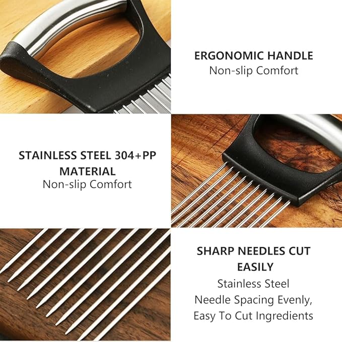 Onion Holder for Slicing, Stainless Steel Vegetable Slicer Cutter, Multifunctional Onion Slicing Tool for Tomato, Potato, Lemon, Meat, Easy Home Kitchen Chopper Assistant (1 Pack)