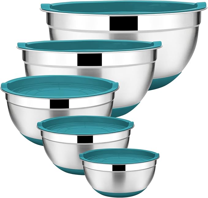 E-far Stainless Steel Mixing Bowls Set of 5, Size 7/3.5/2.5/1.5/1 QT, Metal Nesting Bowls with Teal blue Airtight Lids & Non-Slip Bottoms, Great for Kitchen Cooking, Baking, Serving, Food Prep