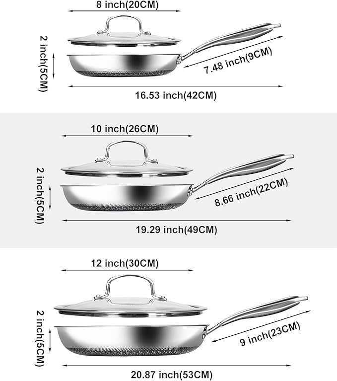 USELUCK Nonstick Frying Pans with Lid,8/10/12 inch Stainless Steel Skillet Set with Honeycomb Surface, Induction Compatible, Oven & Dishwasher Safe, PFAS-Free Cookware Sets (Frying Pan 6PCS)