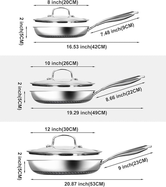 USELUCK Nonstick Frying Pans with Lid,8/10/12 inch Stainless Steel Skillet Set with Honeycomb Surface, Induction Compatible, Oven & Dishwasher Safe, PFAS-Free Cookware Sets (Frying Pan 6PCS)