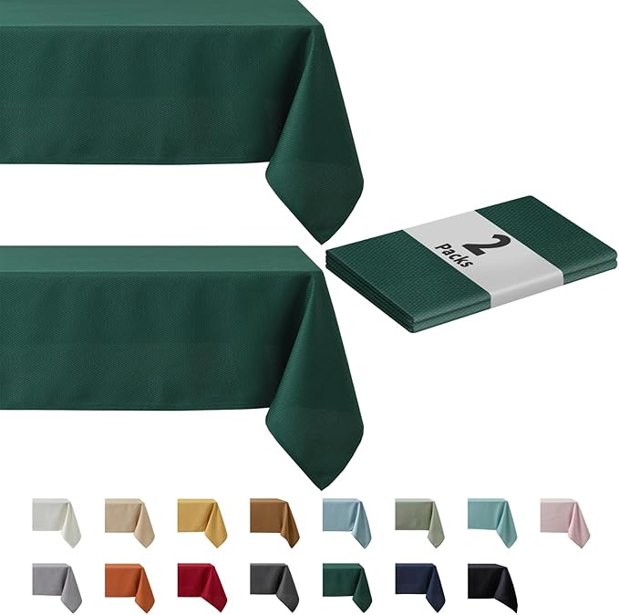 maxmill 2 Pack 60 x 84 Inch Hunter Green Textured Rectangle Christmas Tablecloth Water Proof Wrinkle Free, Soft Jacquard Table Cloth for Dining Room Banquet Parties Holiday Dinner Table Decoration