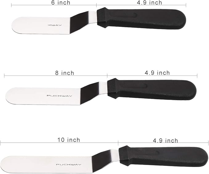 PUCKWAY Offset Frosting Cake Knife set of 3 Black 6 8 & 10 Inch Angled Icing Spatula for Decorating