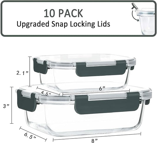 [10-Pack] Glass Meal Prep Containers with Lids, MCIRCO Food Storage Containers with Snap Locking Lids, Airtight Lunch Containers, Microwave, Oven, Freezer and Dishwasher