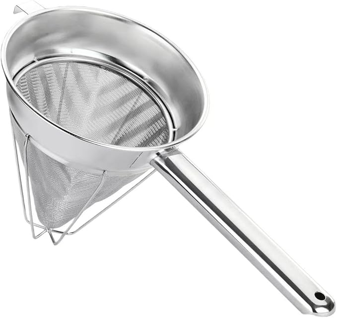 Stainless Steel Fine Mesh Chinois Strainer, Reinforced Bouillon Strainer for Sauces, Soups, Purees, Pastes, Jelly, Custard, Curds and etc.,8-Inch