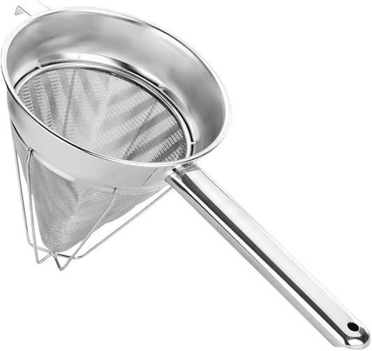 Stainless Steel Fine Mesh Chinois Strainer, Reinforced Bouillon Strainer for Sauces, Soups, Purees, Pastes, Jelly, Custard, Curds and etc.,8-Inch