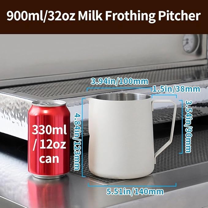 watchget Milk Frothing Pitcher 32oz/900ml - Stainless Steel Frothing Pitcher Espresso Steaming Pitcher Coffee Frother Cup Cappuccino Latte Art Coffee Machine Accessories Milk Jug, Creamy White