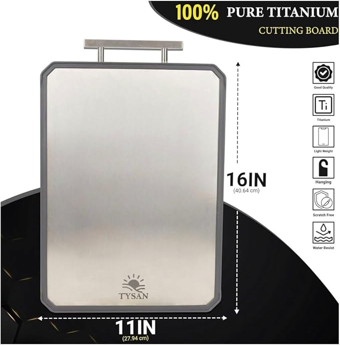 TYSAN Titanium Cutting Board for Kitchen – 2 in 1 Metal Cutting Board for Chopping Meat/Vegetables – Double Sided Pure Titanium & Wheat Straw PP Chopping Board – Food Grade – Large Size 16”×11”