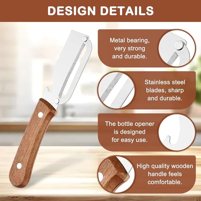 2 Pcs Vegetable Peelers with Bottle Opener,No n-Slip Wooden Handle,Stainless Steel Potato Peeler, for Paring Fruits and Veggies like Potato, Apple, Carrot, Mango, Lemon, and Sugarcane
