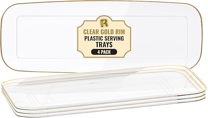 R-kay 4 Pack Plastic Serving Trays For Party - Gold Serving Tray 17 by 6.5 Inch - Heavy Duty Clear Trays For Food - Long Party Serving Trays For Entertaining - Clear Platters