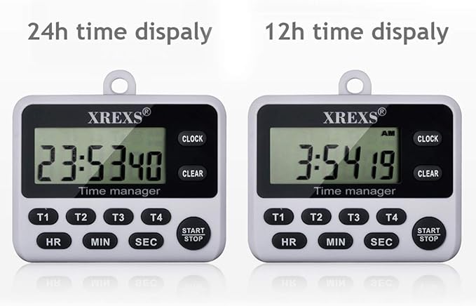XREXS 4-Channel Digital Kitchen Timer Clock with Large LCD Display, 4 Groups Simultaneous Timing Countdown Up Pocket Timer, Magnetic Attachable (Battery Included)