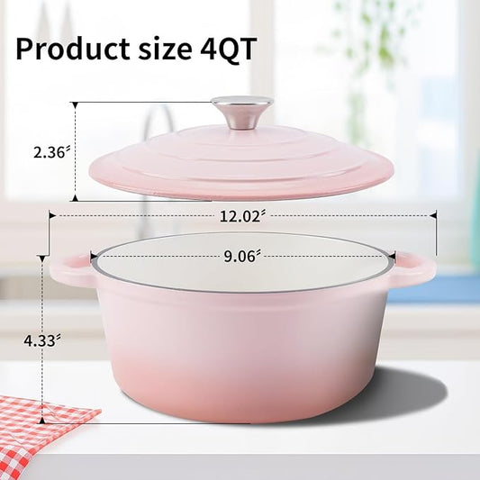 WOKINS Enameled Cast Iron Dutch Oven Pot with Lid Heavy-Duty Cookware for Bread Baking,Braising,Stews,Roasting,Oven Safe up to 500°F,4QT,pink