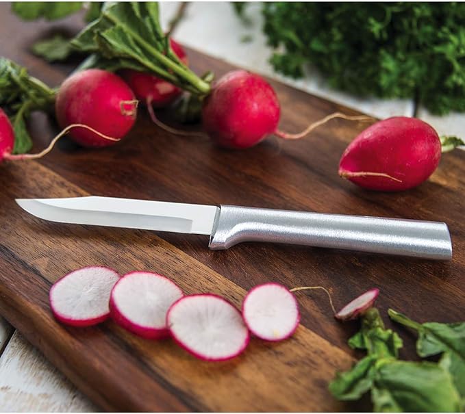 Rada Cutlery 7-piece Starter Knife Gift Set (S38) with Quick Edge Sharpener (R119), Stainless Steel Hollow Ground Blades, Made in USA, Silver Handles