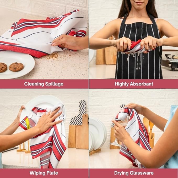 Kitchen Towel Set of 6, 100% Cotton Quick-Drying Absorbent Dish Towels & Tea Cloths, 20x30 Inch Decorative Farmhouse Towels for Kitchen, Pink Navy White Stripes