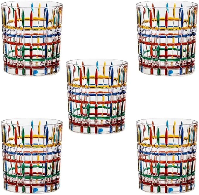 Set of 6 or 5 Hand-painted Colorful Glass Tumblers, Drinking Glassware, Cocktail Glasses for Iced Coffee Juice Tea Beverage Milk Wine With Artistic Design