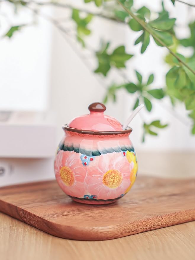 silesia Handmade Sugar Bowl with Lid and Spoon, 8 oz Hand-Painted Ceramic Sugar Jar, Floral Design Seasoning Container for sugar, honey, or spices, Dishwasher Safe (Glazed Pink)