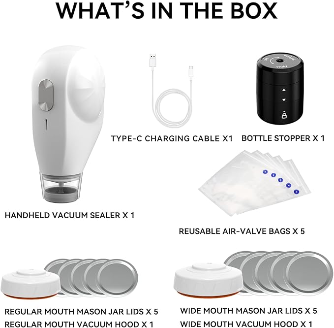 Electric Vacuum Sealer Kit, All in One for Mason Jars, Bags, and Wine Bottles, ideal for food storage, beverage saver, meal prep, pickling and preserving