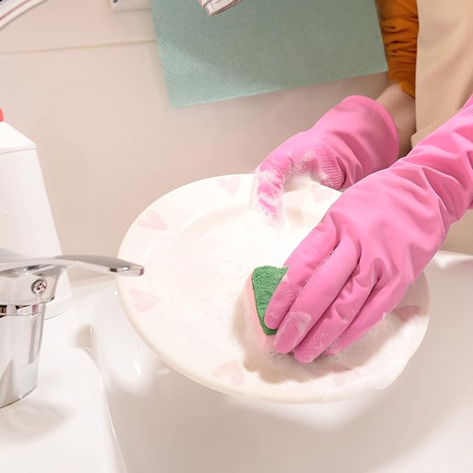 Bamllum Rubber Kitchen Dishwashing Gloves - 4 Pairs Colorful Reusable Household Cleaning Gloves for Washing Dishes and Cleaning Tasks, Flexible Long-lasting and Non-Slip (Small, Blue+Pink+Yellow+Red)