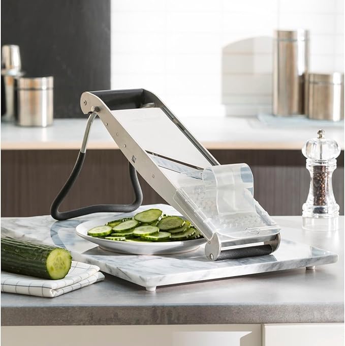 LOUIS TELLIER - Professional Mandoline Slicer - Stainless Steel - with Pusher and Ergonomic Stand - Compact-PRO - Includes 2 Julienne Blades (0.16 in & 0.4 in)