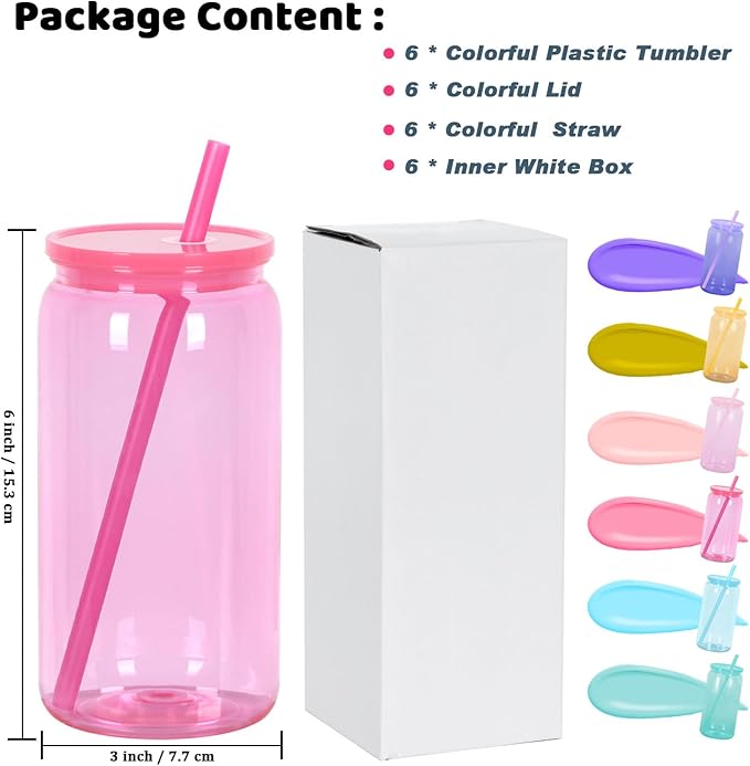 16 Oz Acrylic Plastic Can Tumbler, 6 Pack Colorful Plastic Cup Beer Can, Plastic Mason Jar with Colorful Lid