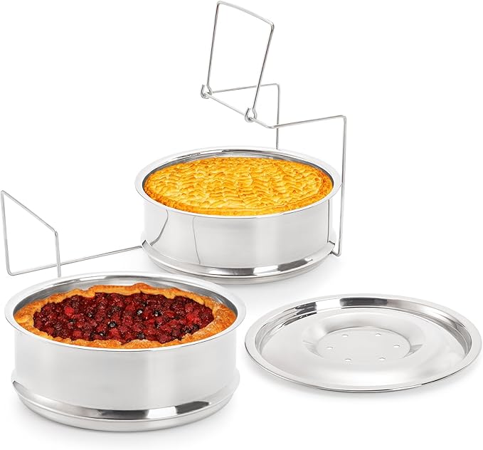 WUWEOT Stackable Steamer Insert Pans, 2 Tier Stainless Steel Pot-in-Pot Baking Pan, Pressure Cooker Accessories with Sling Handle and Silicone Gloves for Instant Pot