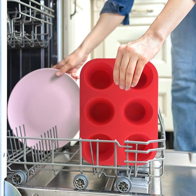 2PCS Silicone Muffin and Cupcake Pan - 6 Cup Non-Stick Mini Baking Molds, Reusable Tin for Brownies, 2 Trays Overlapped (Red, 9.45x6.5x1.57 Inch)