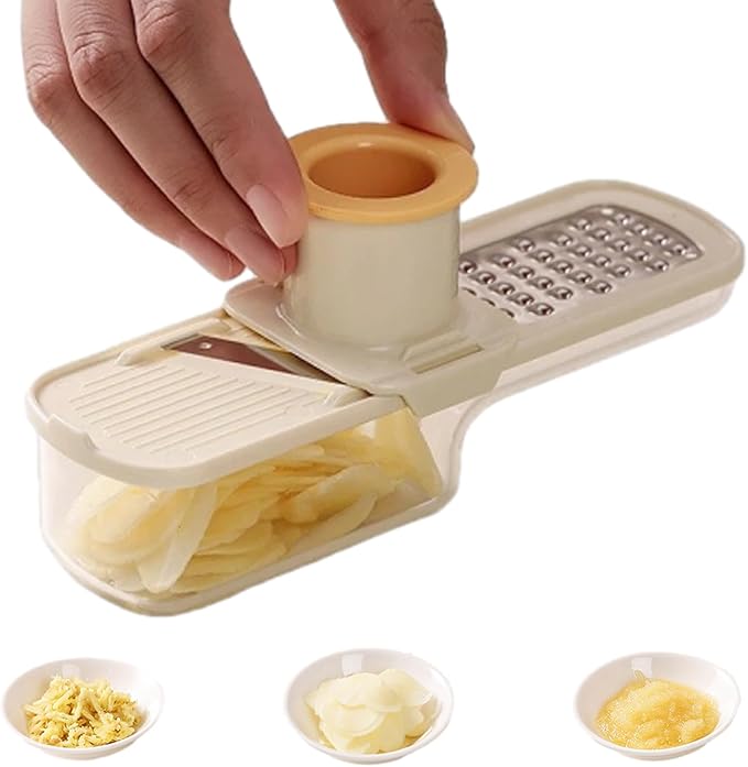 Multifunctional Garlic Grinder & Mandoline Slicer, 3-in-1 Mini Safe Garlic Slicer & Mandoline Slicer, Vegetable and Cheese Shredder, Stainless Steel Mandoline Cutter with Container (Beige)