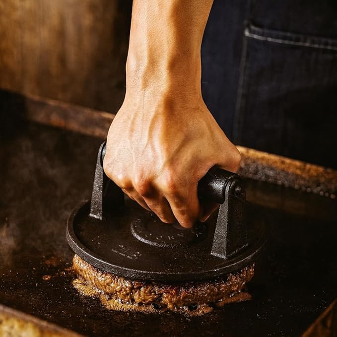 Barbell Plate Design Cast Iron Burger Press 6.5" Round Heavy-Duty Smash Burger Press for Griddle, Grill, Bacon, Meat, Steak, BBQ with Wooden Handle