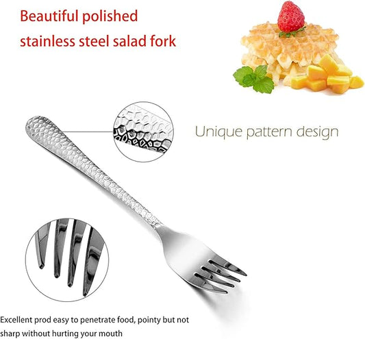 Hammered Salad Forks Set of 6, E-far Stainless Steel Appetizer Dessert Forks, Silverware Flatware Small Forks, Mirror Finish, Dishwasher Safe - 6.7 Inches