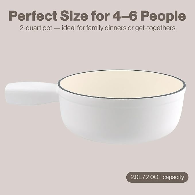 Swissmar Lugano Cast Iron Cheese Fondue Pot Replacement, 2 QT / 2 L – Compatible with Swissmar Lugano Fondue Sets – Ideal for Melting Cheese, Chocolate, & Caramel – Matte White