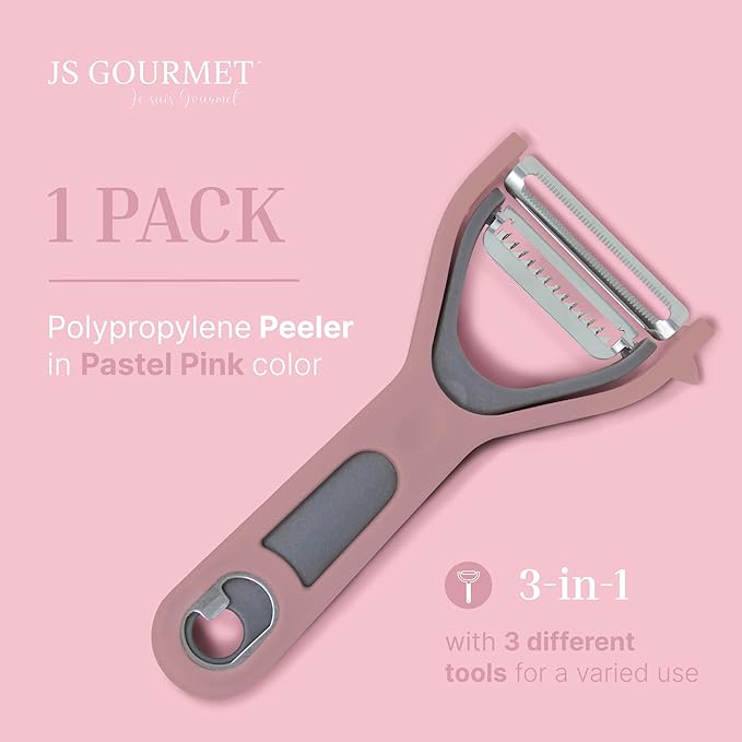 3 in 1 Vegetable Peeler – Julienne Slicer with Bottle Opener and Built-in Eye Remover – Stainless Steel Blade with Comfortable Handle – Potato, Cabbage, and Carrot Peeler for Kitchen – Pastel Pink