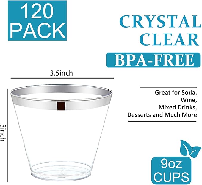 WELLIFE 120PCS Silver Disposable Plastic Cups,9 oz Clear Plastic Cups,Disposable Wine Glasses for Party