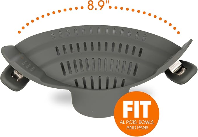 Cheer Collection Silicone Clip on Pot Strainer, Heat-resistant Snap-On Strainer for Pasta, Noodles, Rice, Meats and Vegetables, Gray