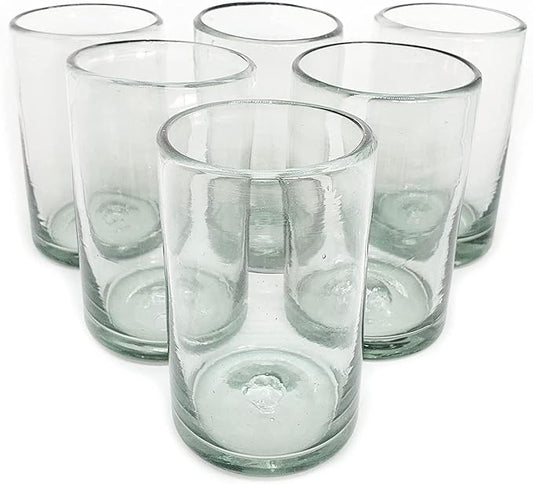 Clear 14 oz Drinking Glasses (Set of 6) - Hand Blown Mexican Glassware Recycled Glass Drinking Glasses for Water, Juice, Margarita, Cocktails & Whiskey, Lead-Free Toxin Free