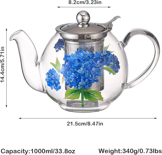 1000ml/35oz Hand Painted Pattern Glass Teapot For Stovetop,Tea Pot For Loose Tea,Glass Tea Kettle With Infuser (Hydrangea)