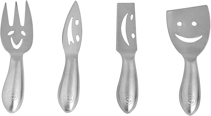 NEWLINE NY Stainless Steel 4 Pieces Smiling Faces Cheese Knife Set: Hard and Soft Cheese Knives, Serving Fork & Cheese Spreader