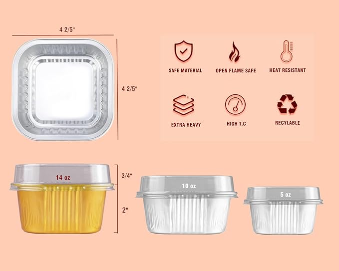 Lewarm 14 oz Mini Cake Pans with Lids, Square Muffin Pans, Multi-purpose Aluminum Baking Cups, Premium Dessert Cups, Creme Brulee Ramekins Oven Safe, 60 Pack