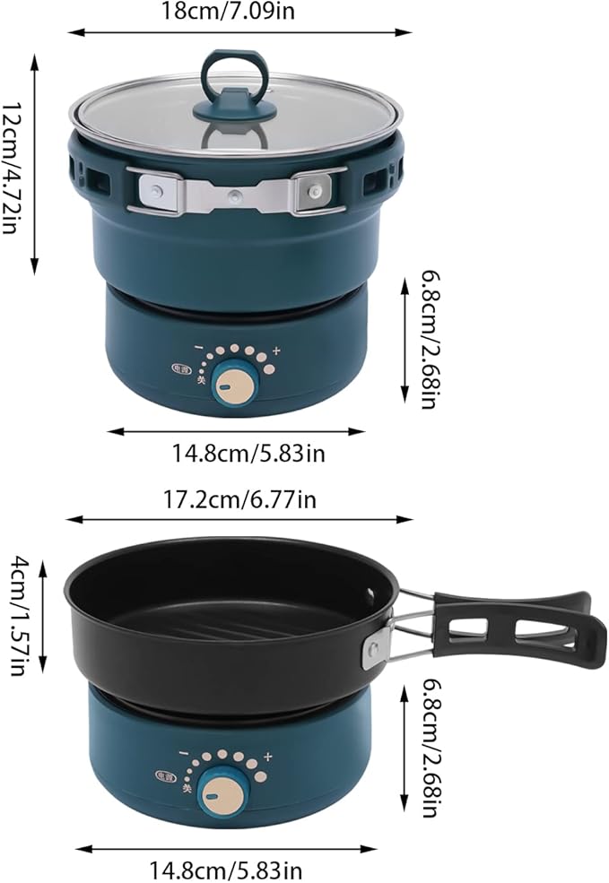 Portable Electric Hot Pot 500W 1.6L with Foldable Handles Non-stick Frying Pan Mini Hot Pot Multi-Functional Ramen Noodle Cooker with Power Adjustment for Noodles Steak Cooker Eggs StirFrying (Green)