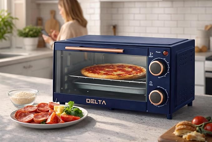 Prime Cuisine 9L Toaster Oven, Small Countertop Electric Oven 750W, 60-Min Timer Auto Shut-Off, Tempered Glass Door, 2-Knob Manual Control, Compact Toaster Ovens Countertop with Baking Tray & Rack
